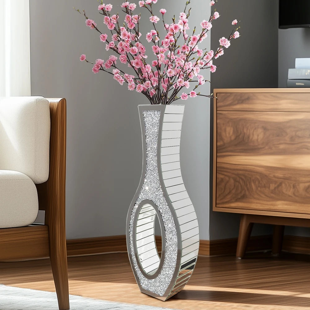 Mirrored Floor Vase With Crystal Diamond Accent Elegant Home Decor