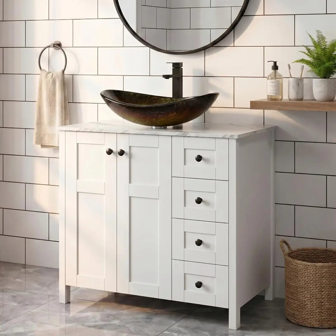 Minimalist Bathroom Vanity With Marble Texture And Ceramic Sink