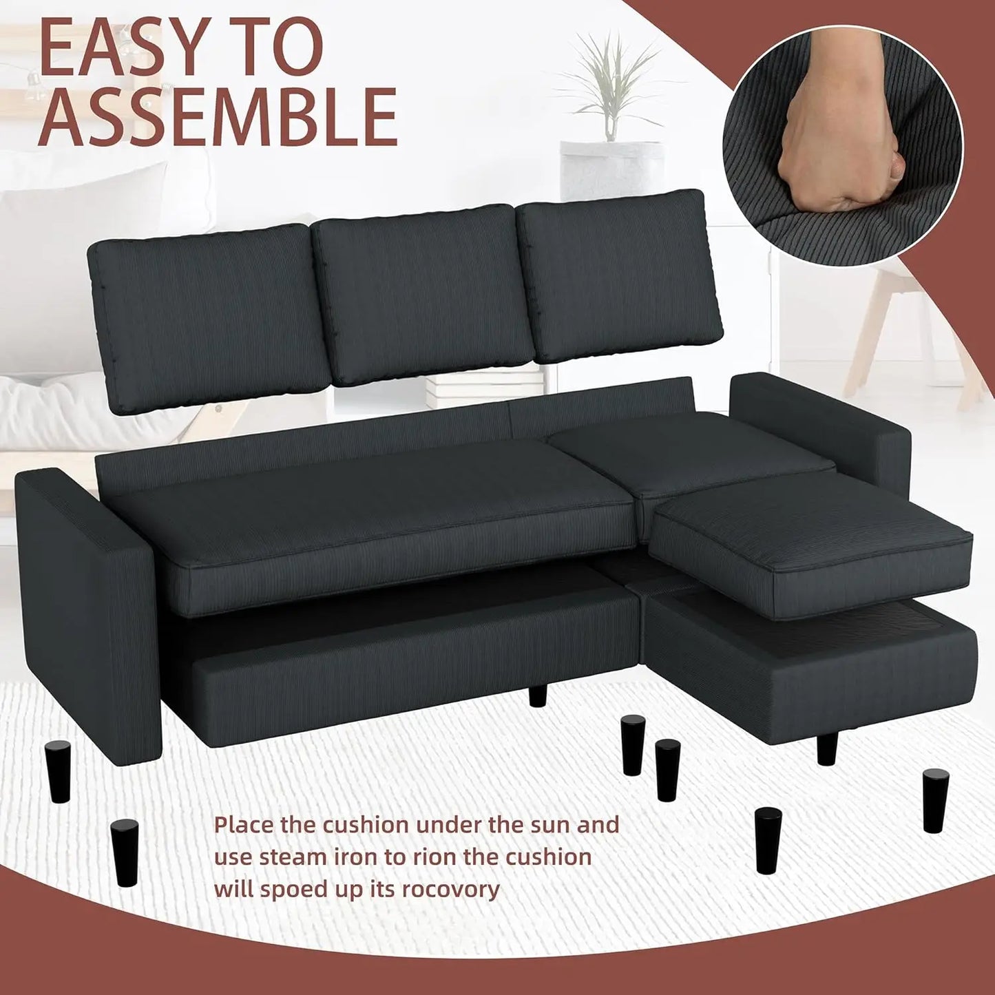 Convertible Sectional Sofa L-Shape With Movable Ottoman 3-Seat