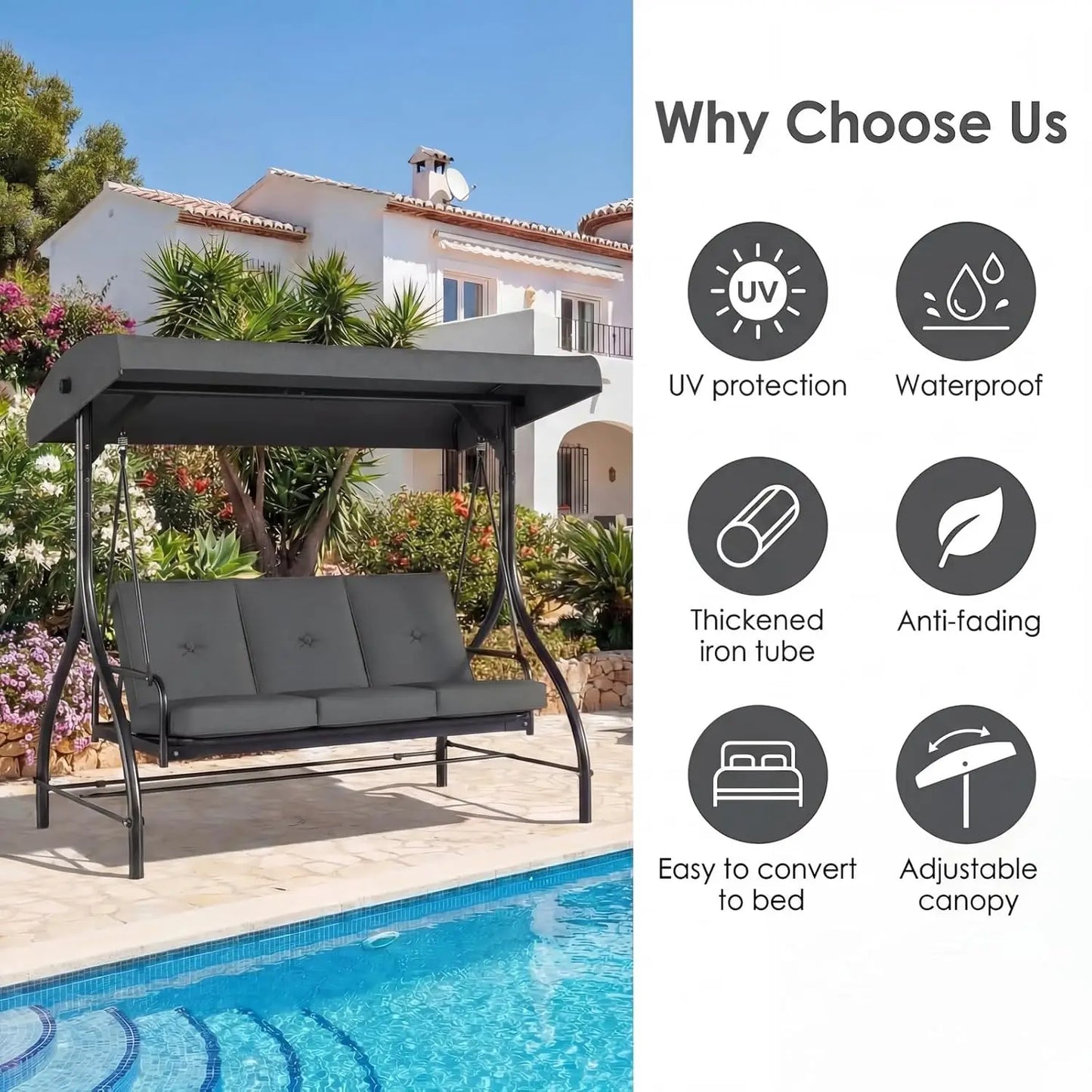 Three Seat Patio Swing With Adjustable Canopy And Backrest For Outdoor Use