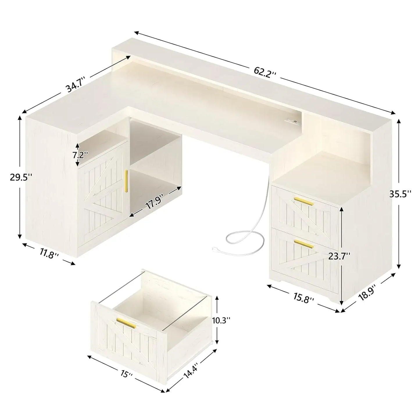 Farmhouse L Shaped Desk With Storage Shelves And Power Outlet