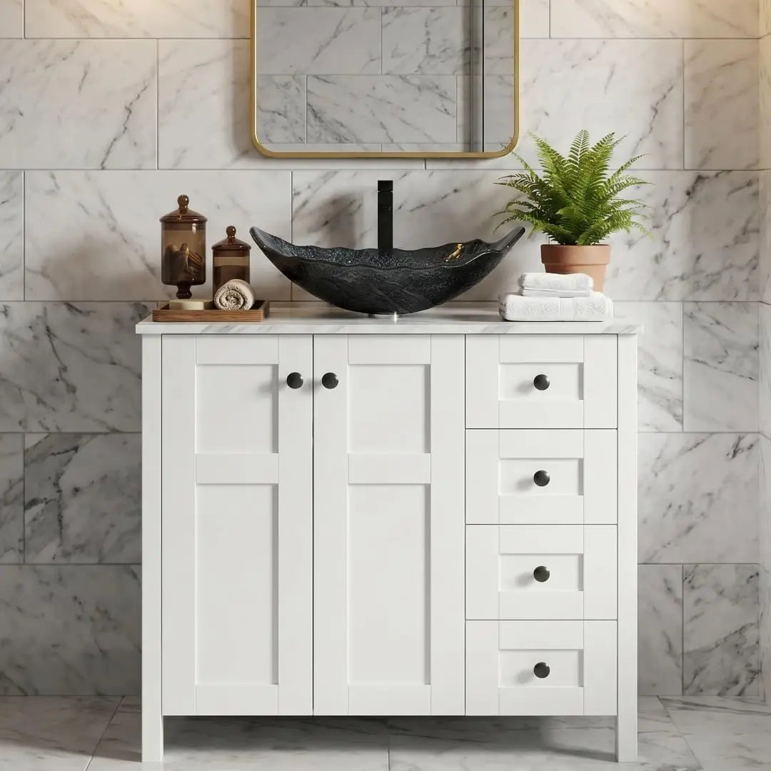 Minimalist Bathroom Vanity With Marble Texture And Ceramic Sink