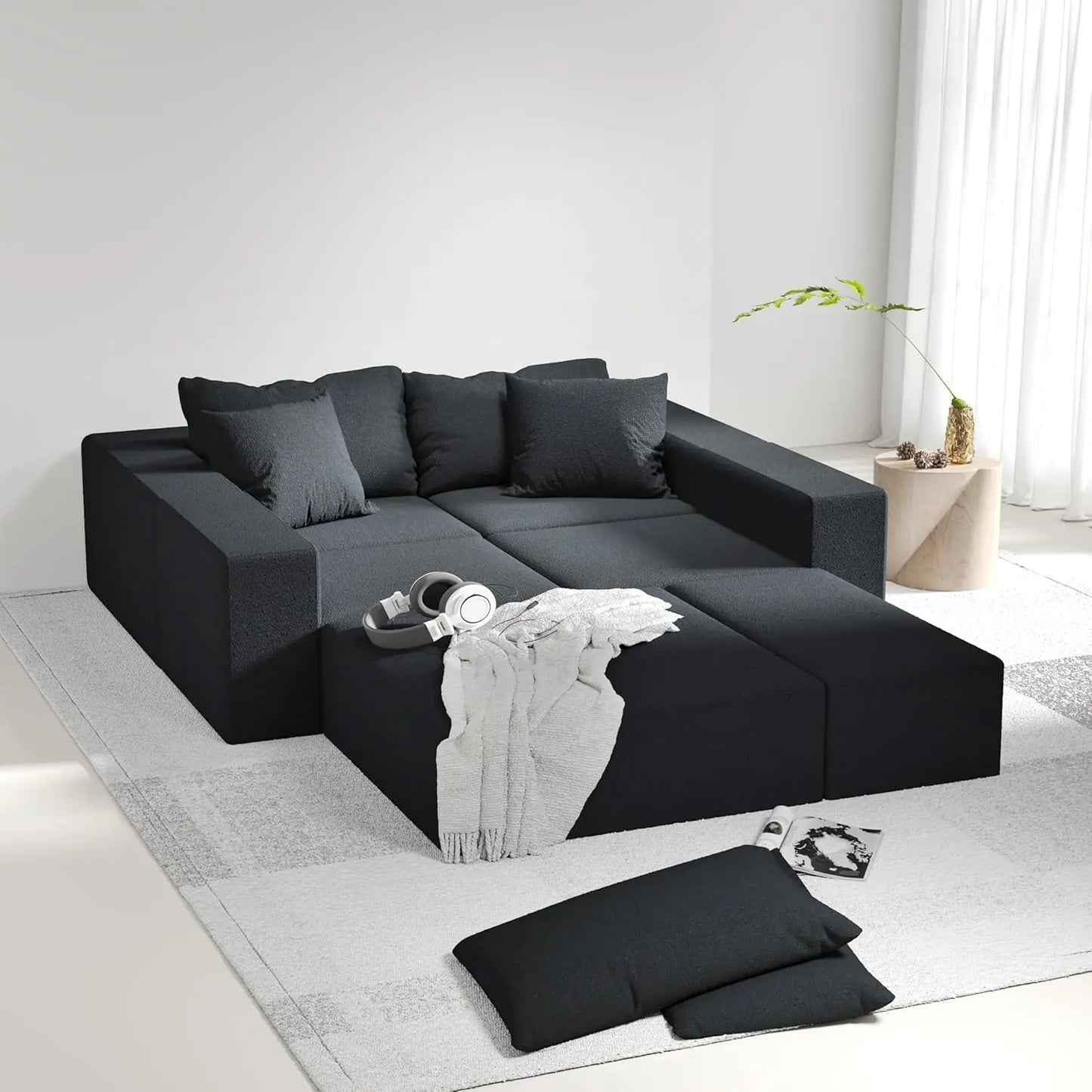 Modern Upholstered Sectional Sofa With Six Pillows Free Setup