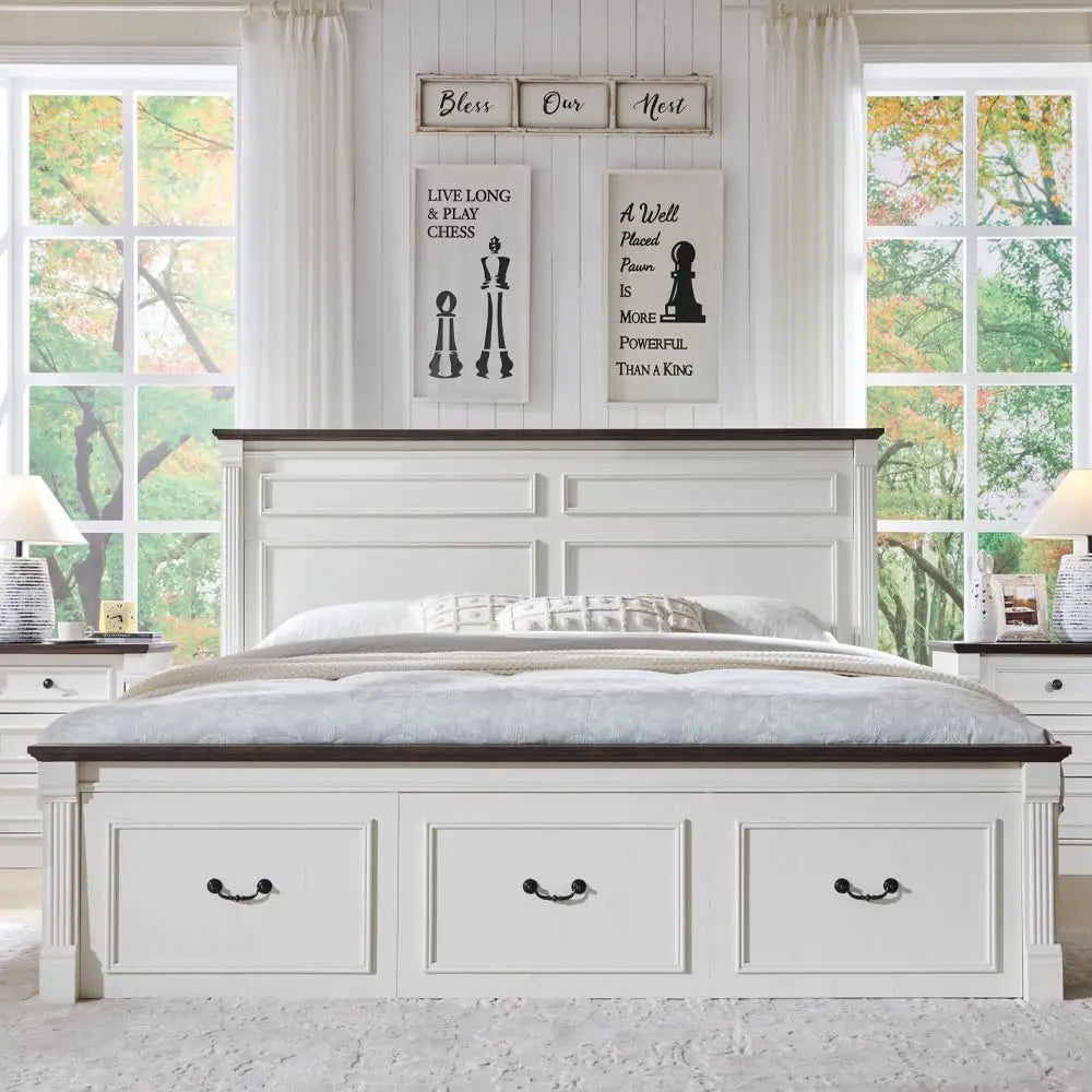 Farmhouse Wood Platform Bed Frame With Storage Drawers Customized