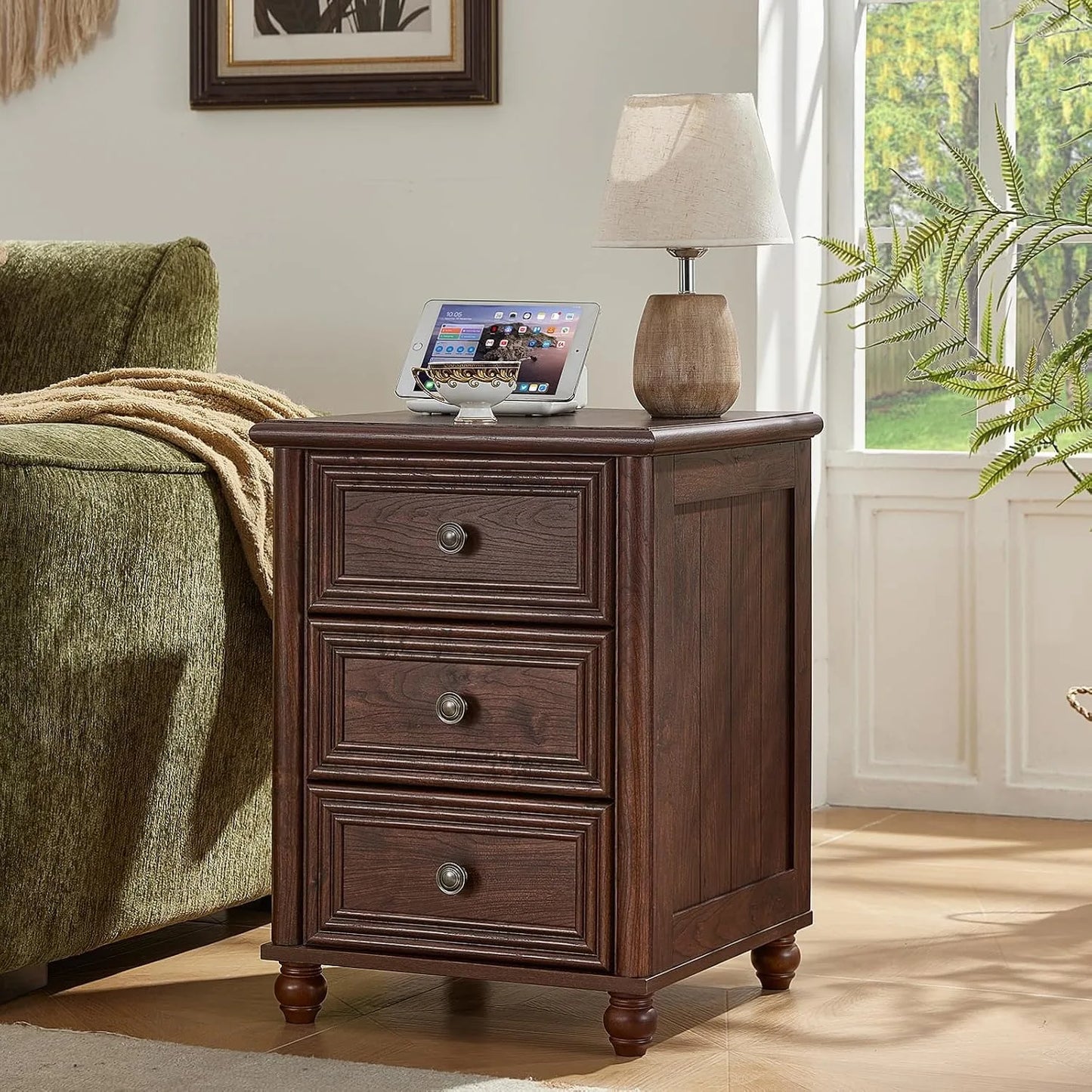 Walnut Farmhouse Nightstands With 3 Drawers Bedside Tables