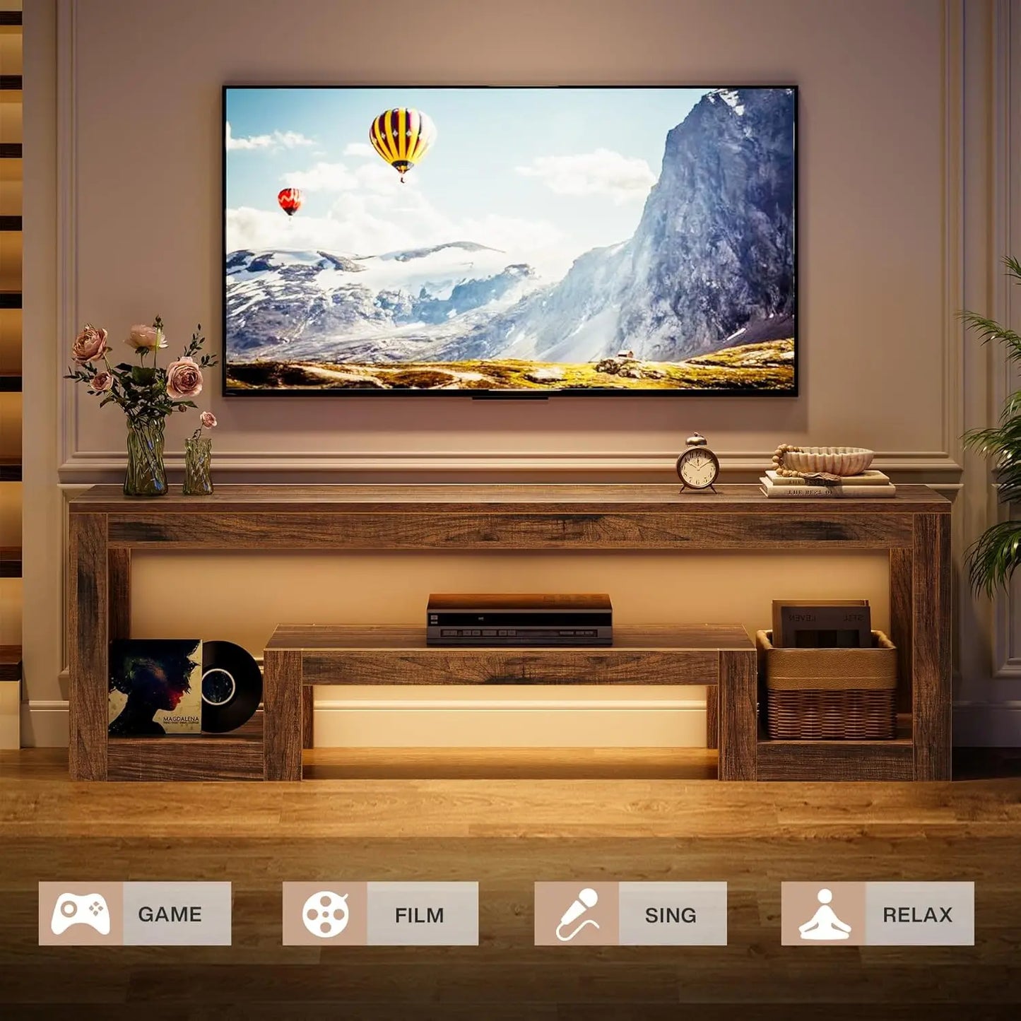 Farmhouse Wood TV Stand Entertainment Center Open Shelves Living Room