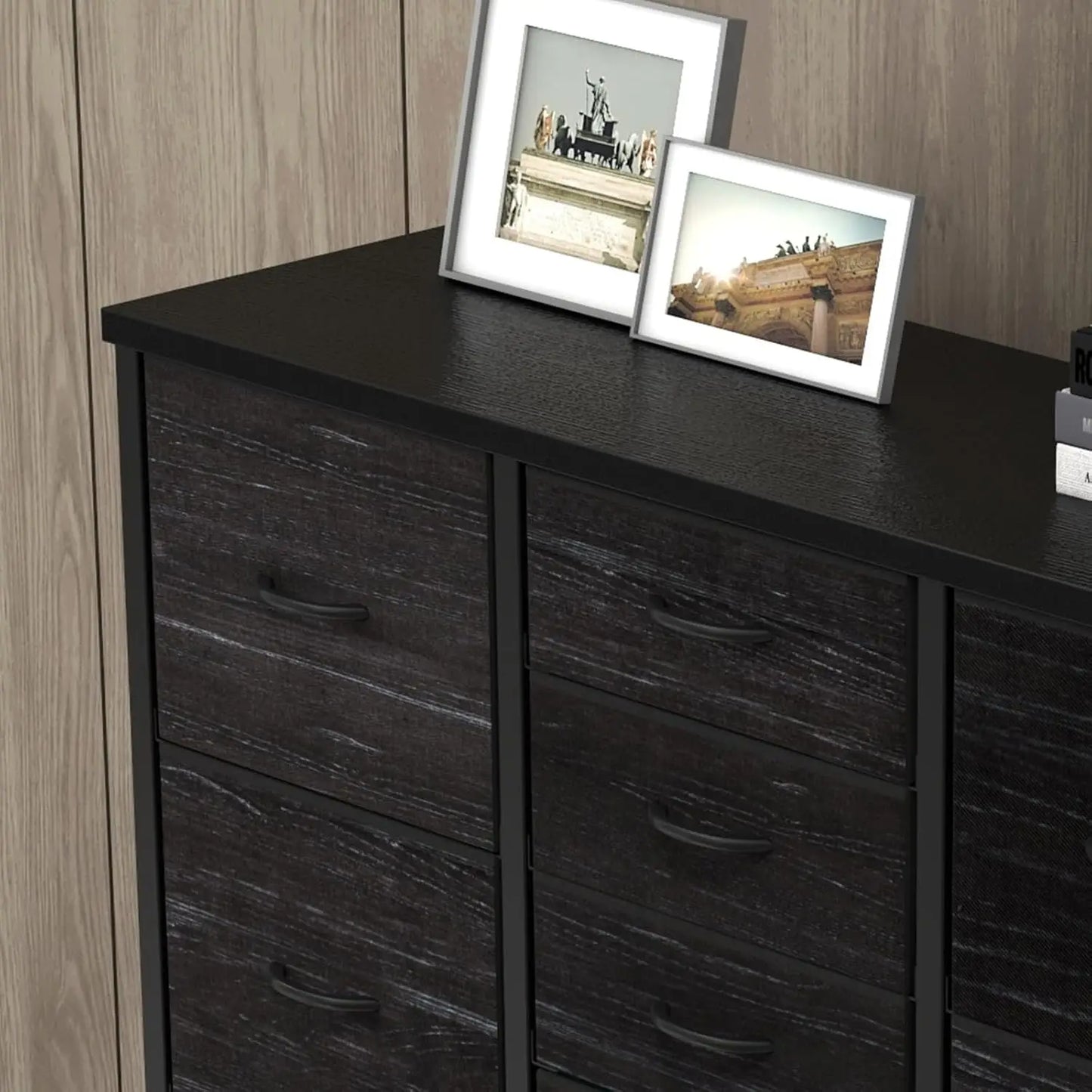 Fabric Tall Dresser With Wood Grain Top And Metal Frame