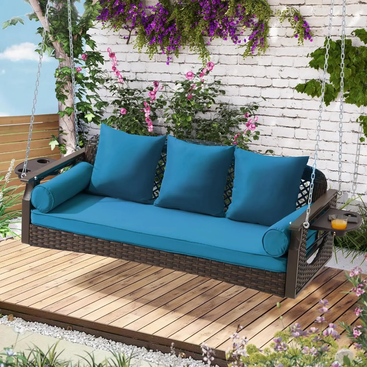 Rattan Porch Swing 3 Seat With Cup Holders And Cushions
