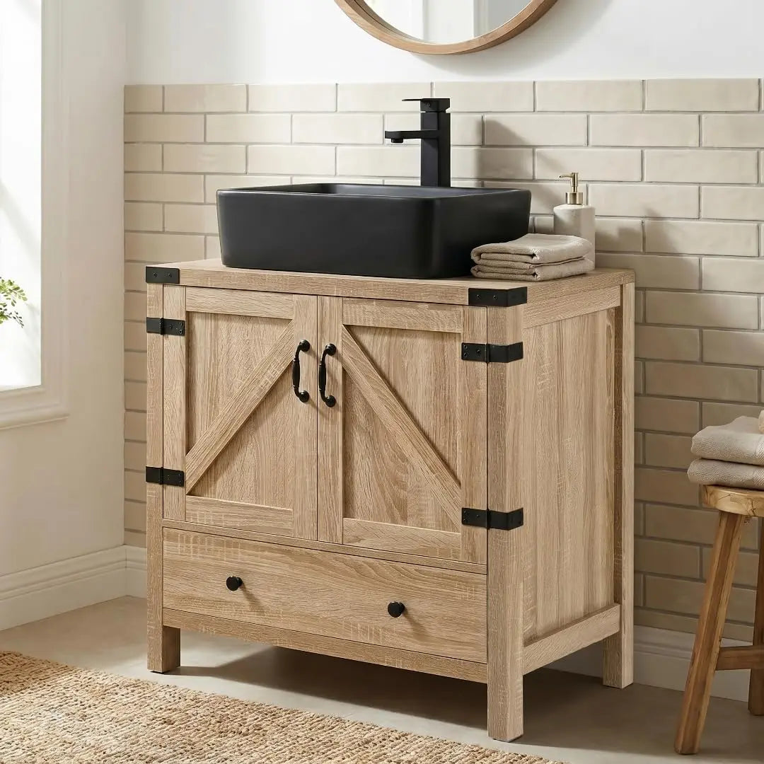 Rustic Bathroom Vanity With Pedestal Cabinet And Vessel Sink