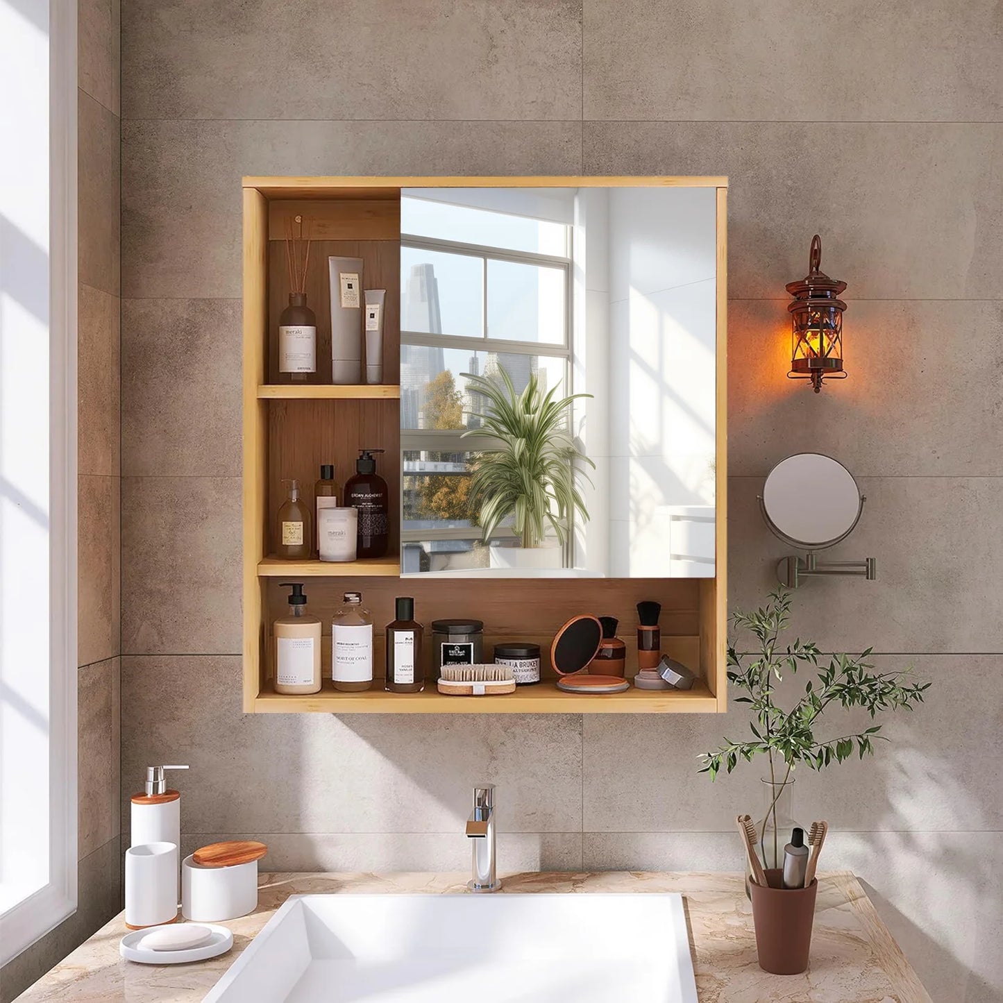 Wall Mounted Bamboo Medicine Cabinet Five Shelves Bathroom Vanity Mirror