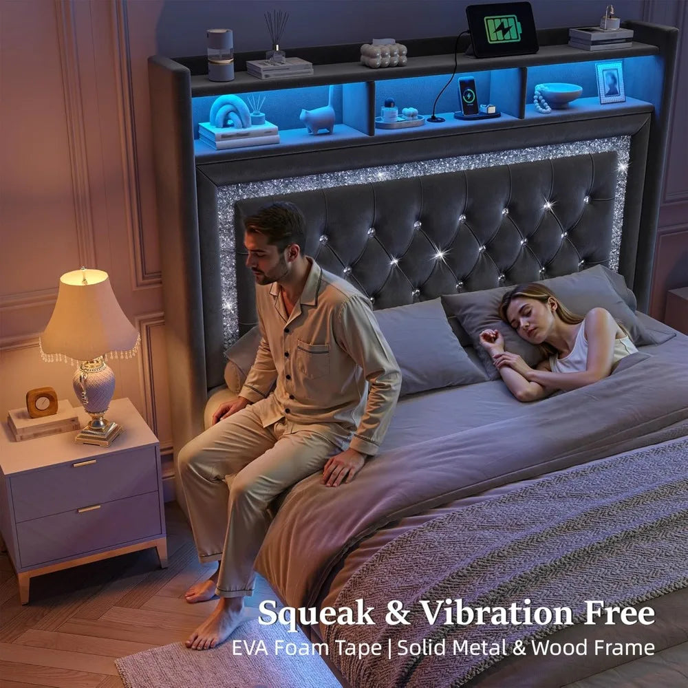 General Use Floating Bed Frame With LED Lights Charging Station