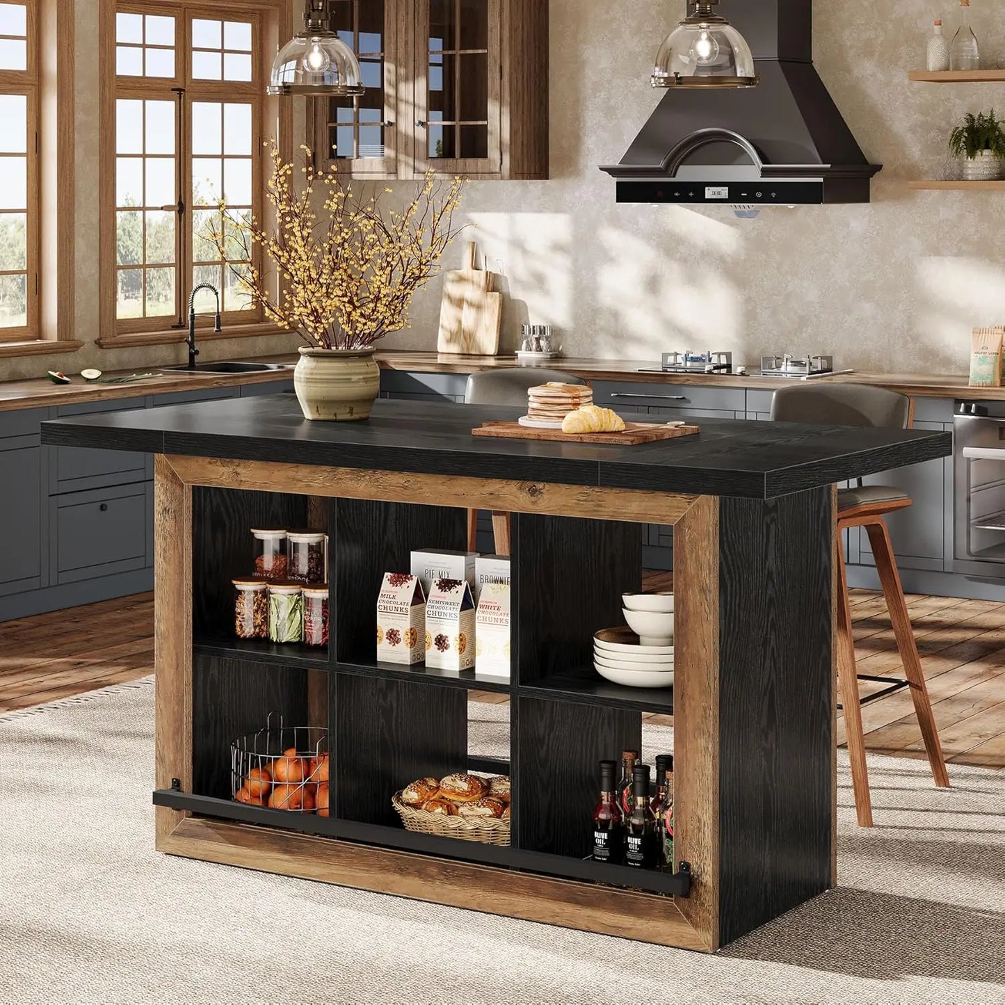 Counter Height Kitchen Island Table With Storage Cubbies And Footrest