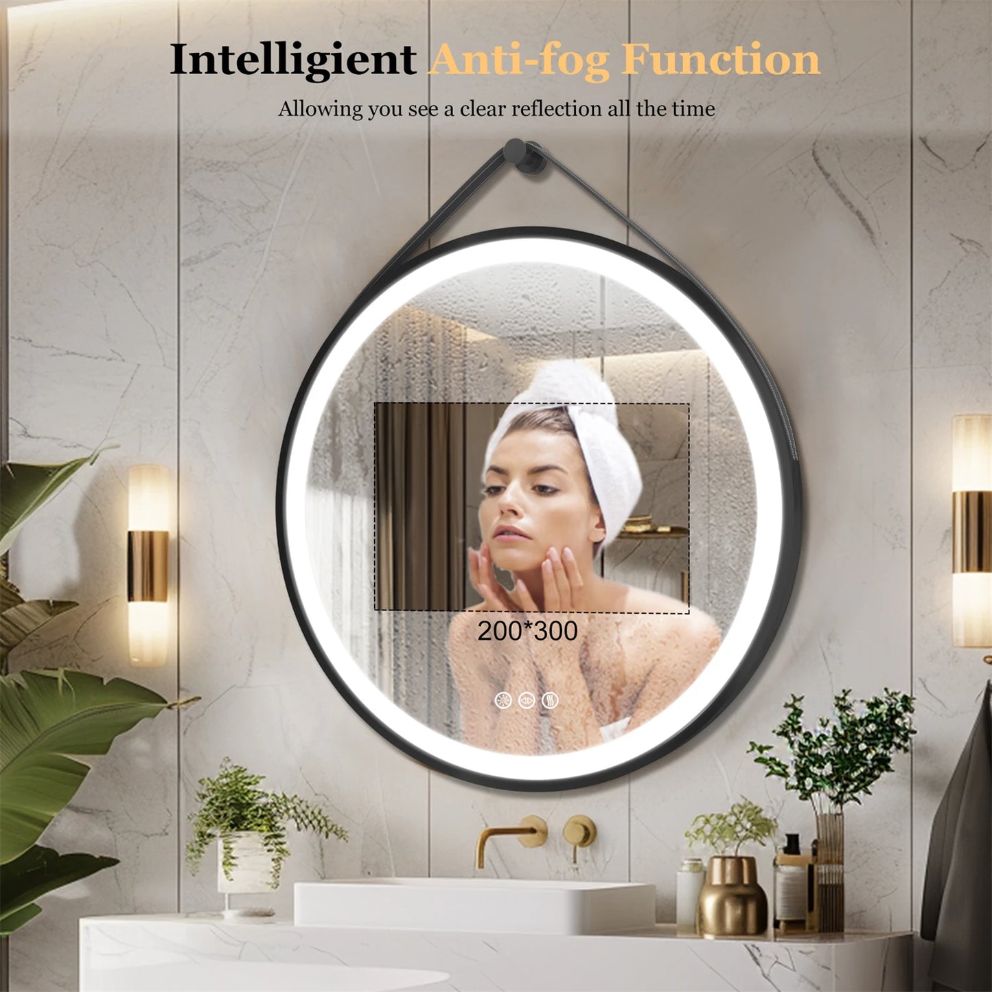 Round LED Bathroom Mirror Wall Hanging Frontlit Vanity Makeup Mirror Anti Fog