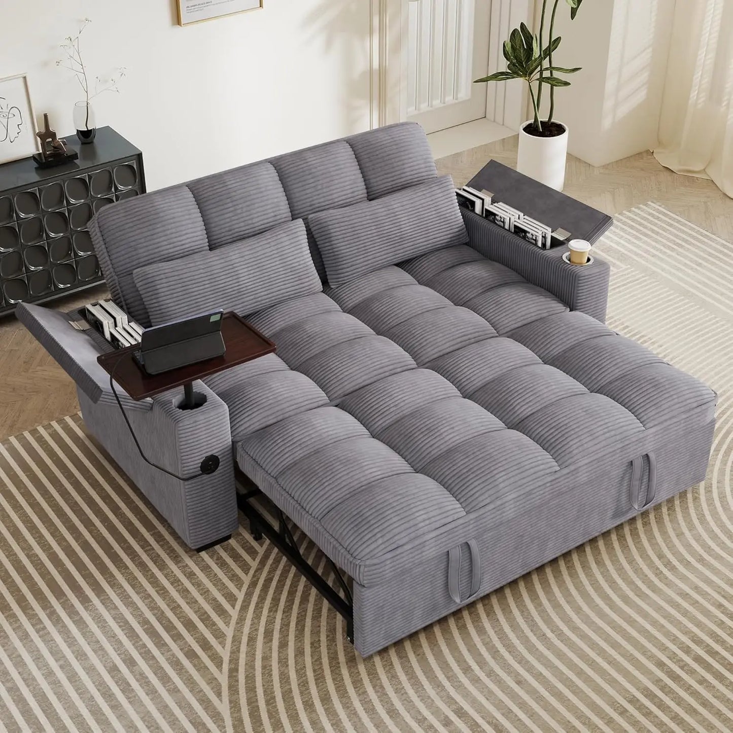 Sleeper Sofa With Pull Out Bed And Storage Armrests Corduroy
