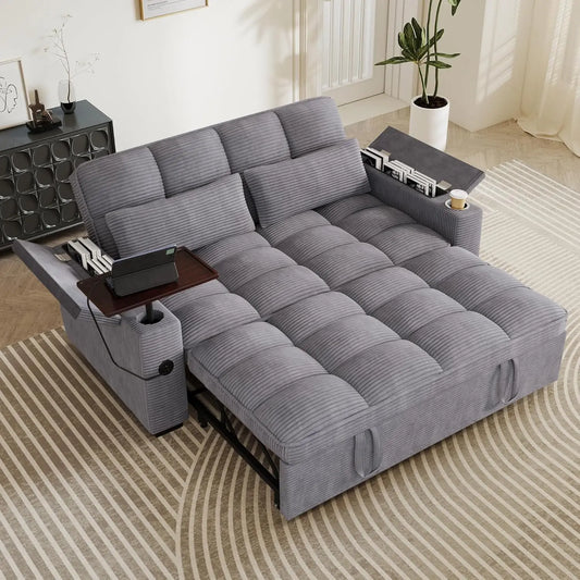 Sleeper Sofa With Pull Out Bed And Storage Armrests Corduroy