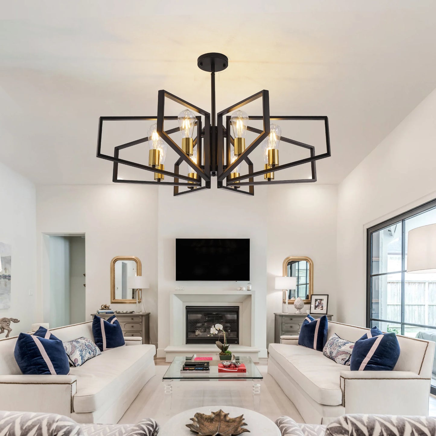 Modern 8 Light Geometric Metal Chandelier With Adjustable Height Pendant