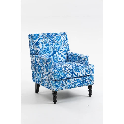 Upholstered Accent Chair Vintage Armchair With Porcelain Print Linen Fabric