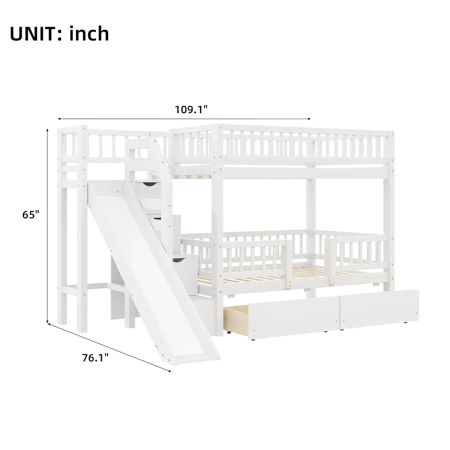 Twin Over Twin Bunk Bed With Slide Storage Drawers Staircase