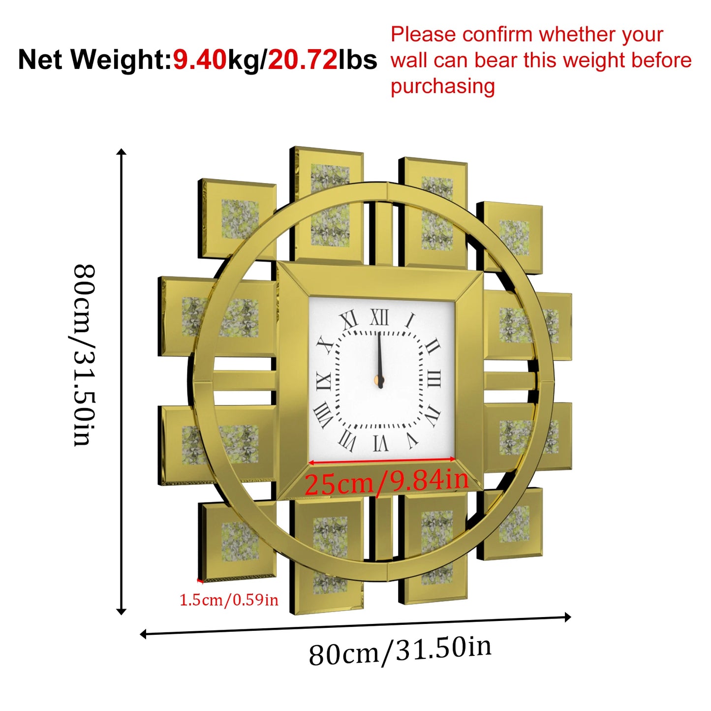 Irregular Diamond Mirrored Wall Clock Quartz With Roman Numerals
