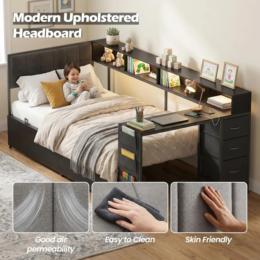 Corner Bed Frame With Storage And LED Lights Charging Station