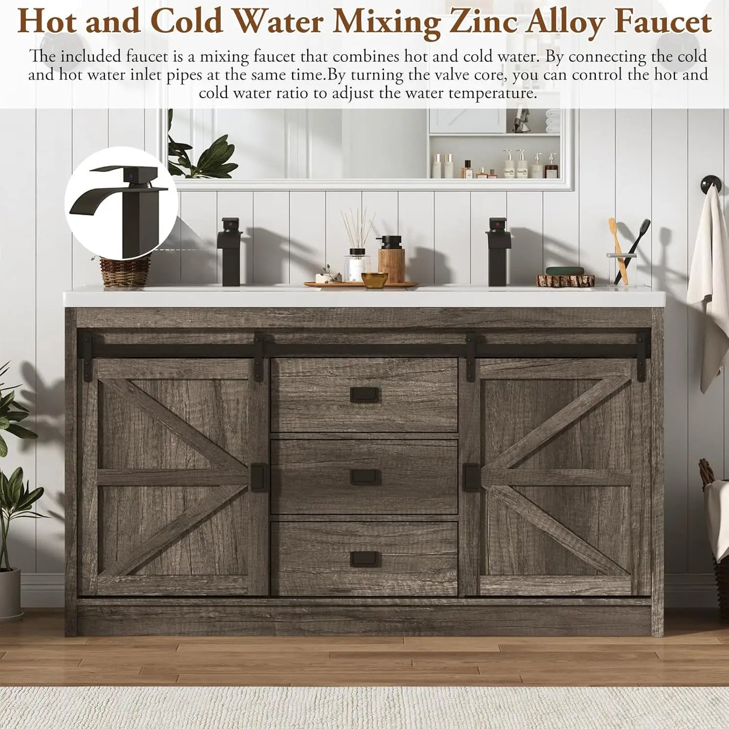 Double Bathroom Vanity With Sink Faucet And Sewer Pipes Cabinet