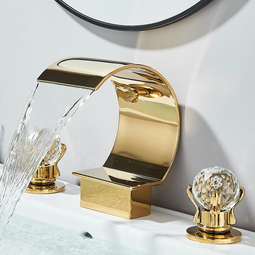 Quyanre Waterfall Bathroom Faucet With Crystal Handle Widespread Hot Cold