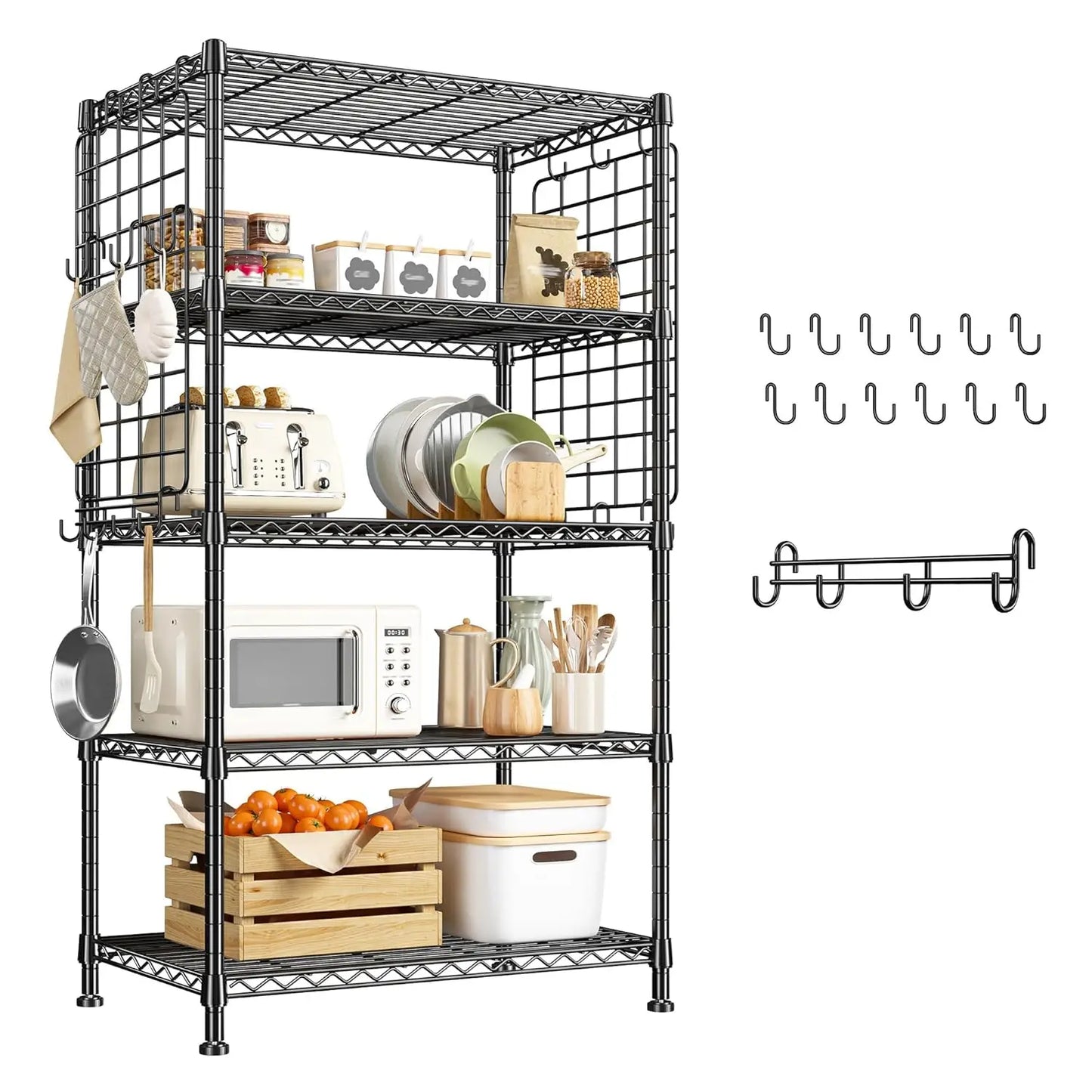 5 Tier Metal Shelving With Side Hanging Net Hooks Kitchen