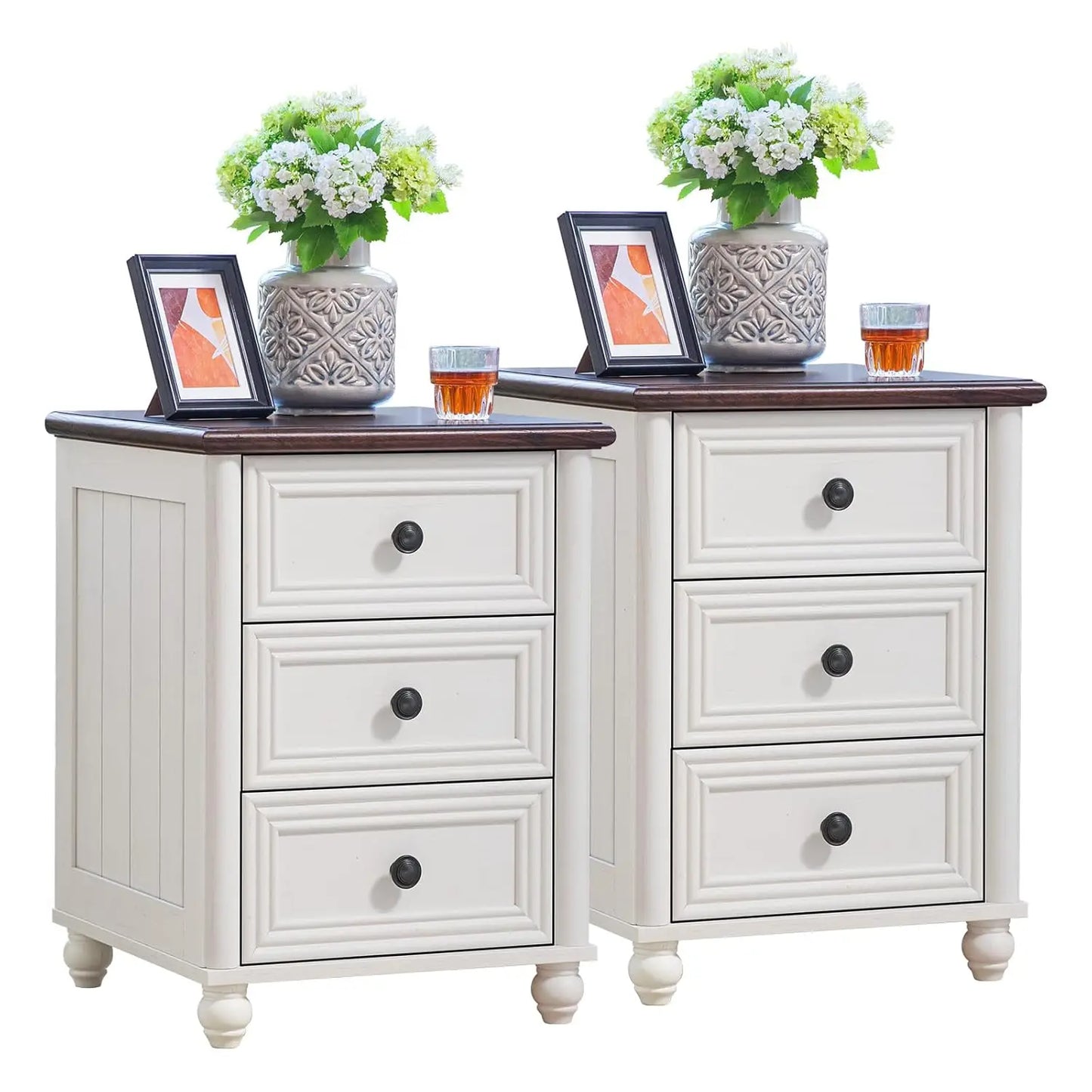 Walnut Farmhouse Nightstands With 3 Drawers Bedside Tables