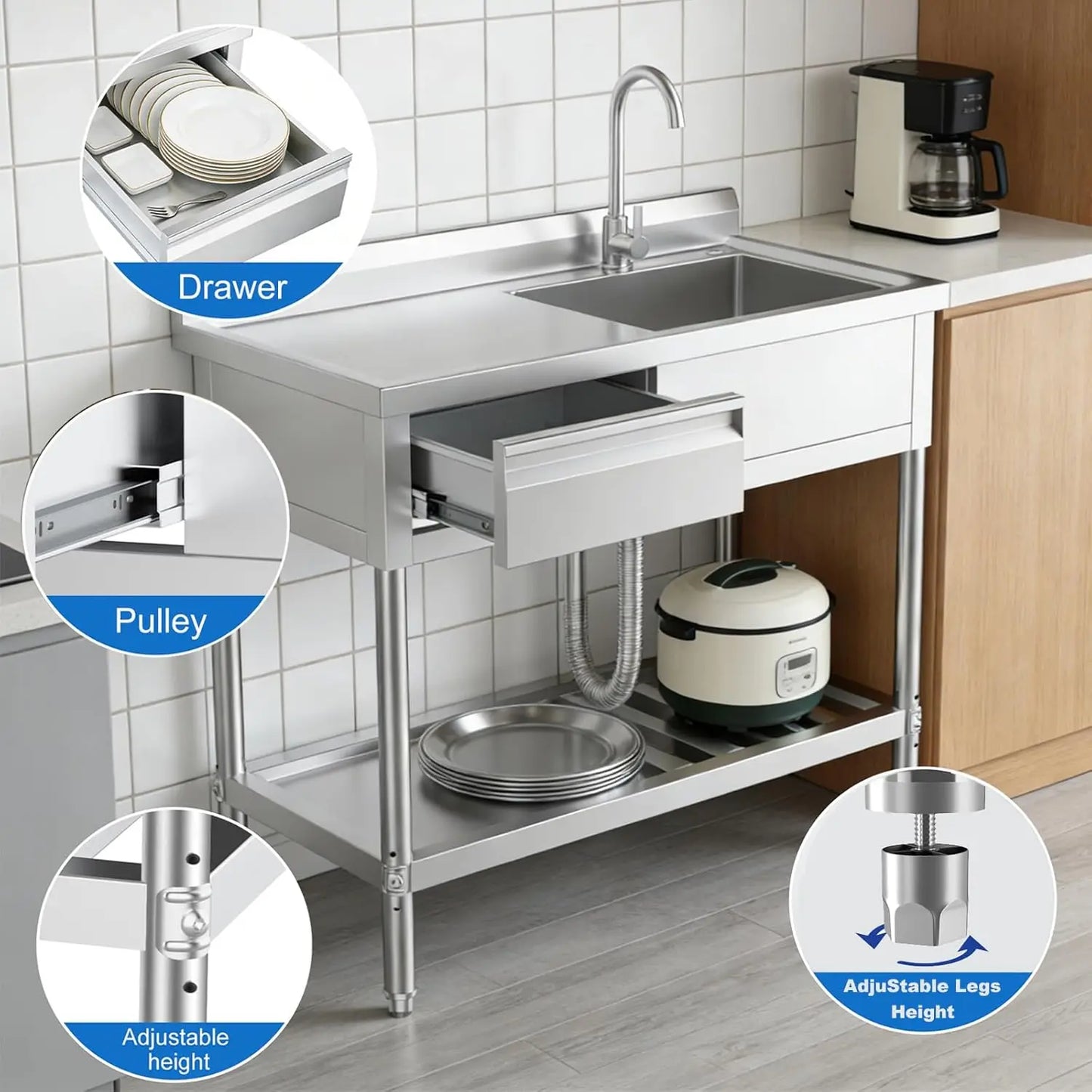 Stainless Steel Utility Sink With Drawers Single Bowl Commercial Kitchen