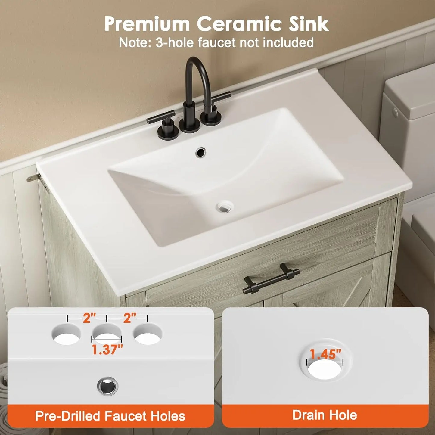 Amada Farmhouse Bathroom Vanity With Ceramic Sink And Shaker Cabinet
