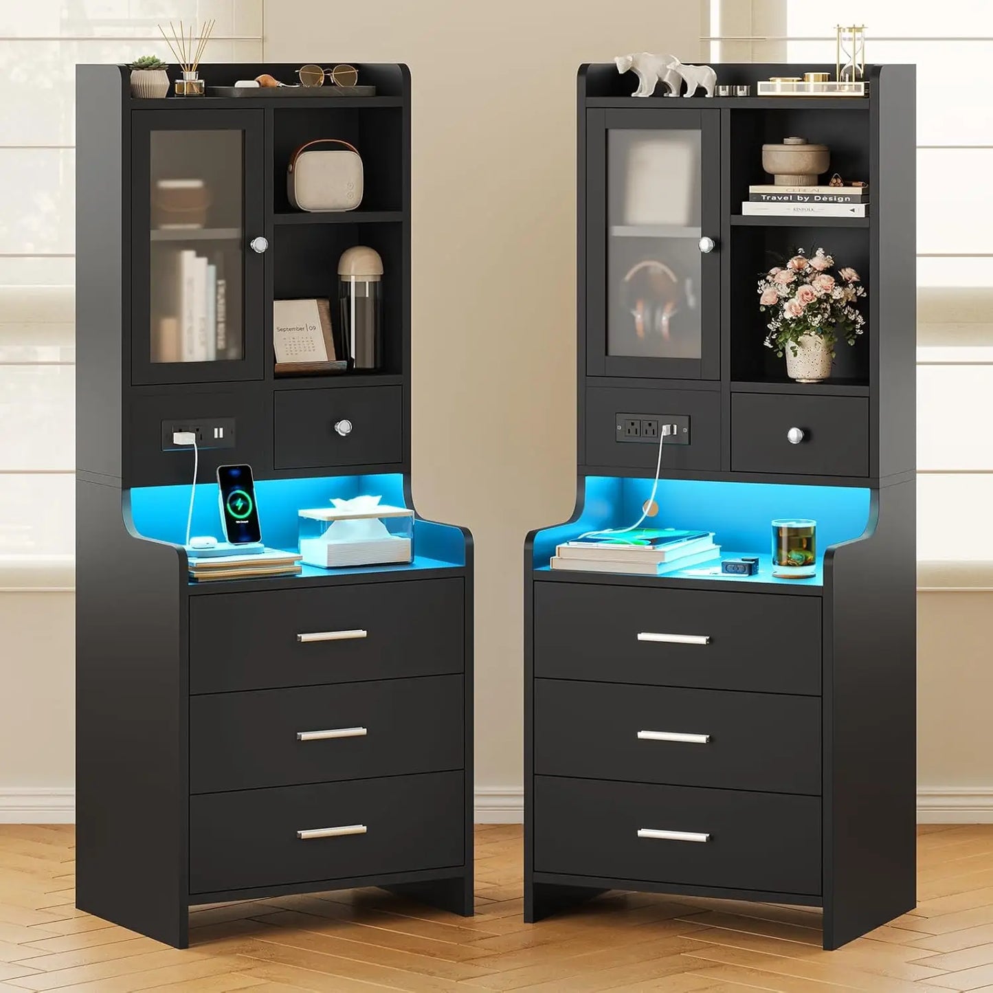 Frame Nightstand Set Of 2 With Charging Station And Bookshelf