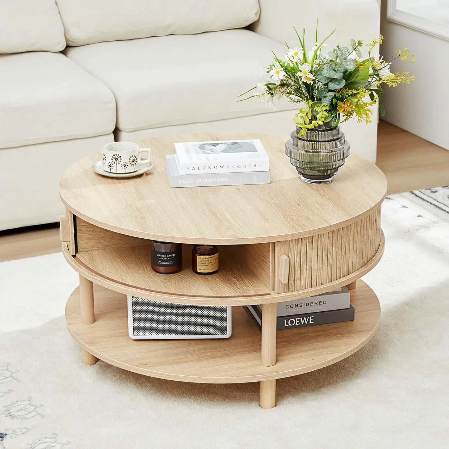 Oval Minimalist Farmhouse Coffee Table With Storage
