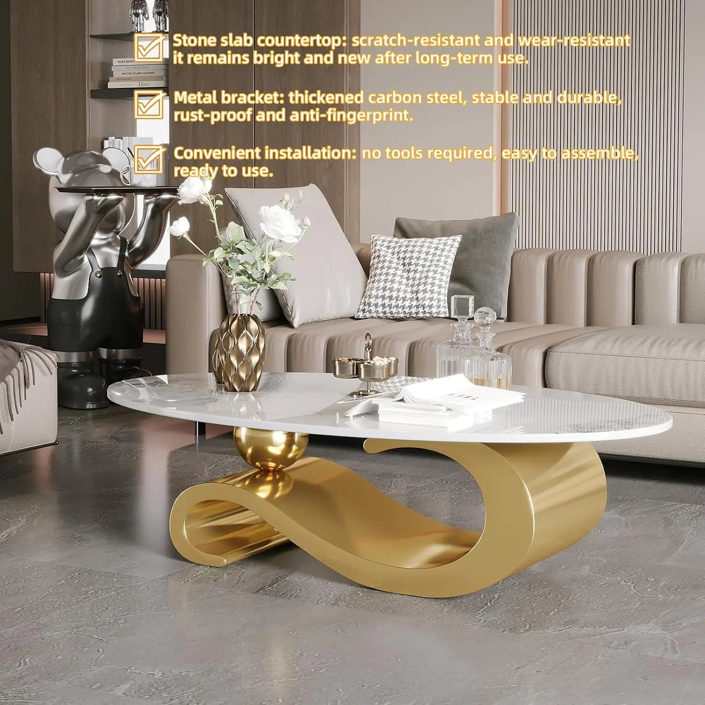 Oval Marble Coffee Table With Stainless Steel Base