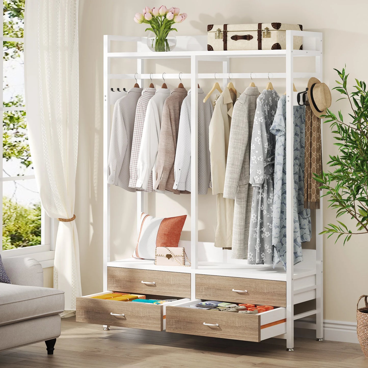 Tribesigns Freestanding Closet Organizer Garment Rack With Drawers And Hooks