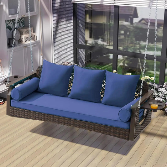 Rattan Porch Swing 3 Seat With Cup Holders And Cushions