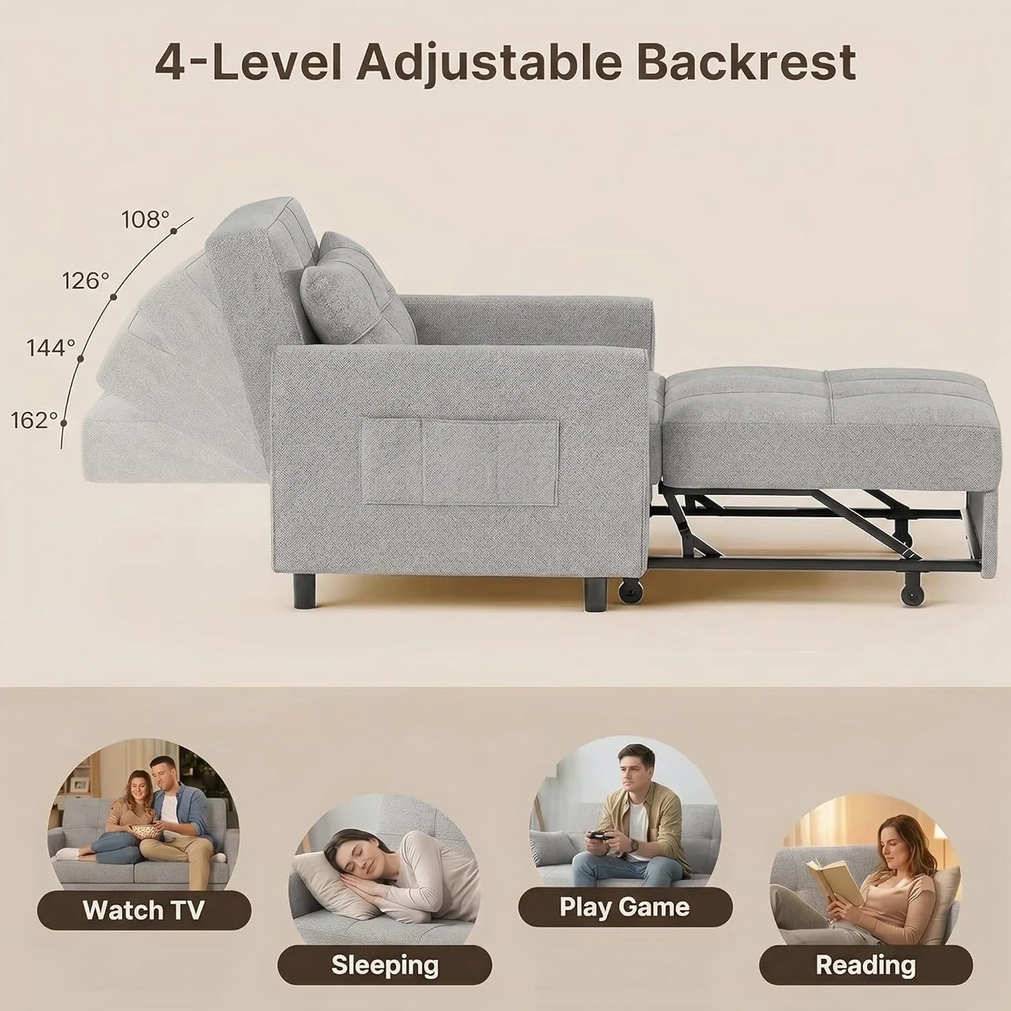 XIUWO Convertible 3 In 1 Sleeper Chair Bed Sofa Wood