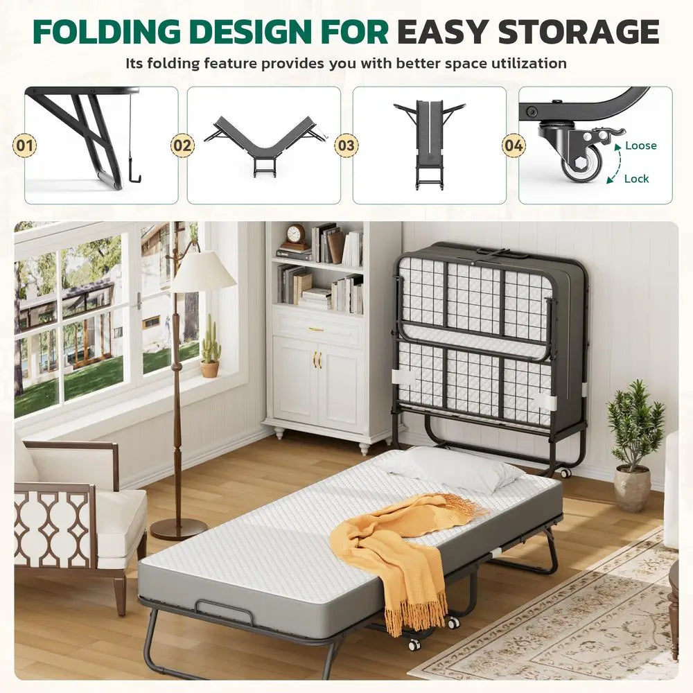 Folding Rollaway Bed With Memory Mattress And Metal Frame