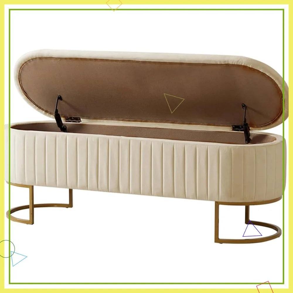 Storage Bench Ottoman With Velvet Upholstery And Flipping Lid Entryway Footrest