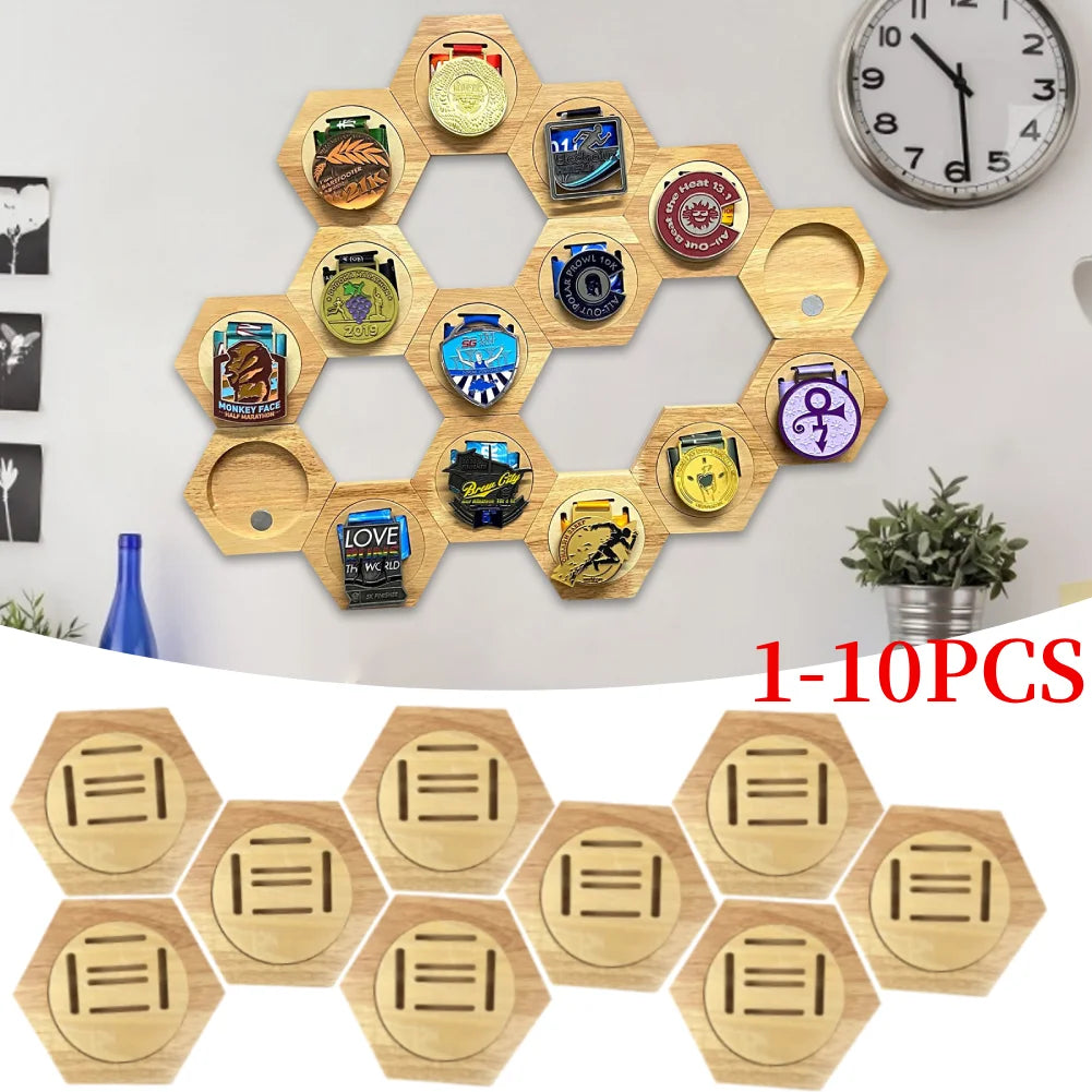Hexagonal Honeycomb Wooden Medal Display Stand For Sports Track And Field