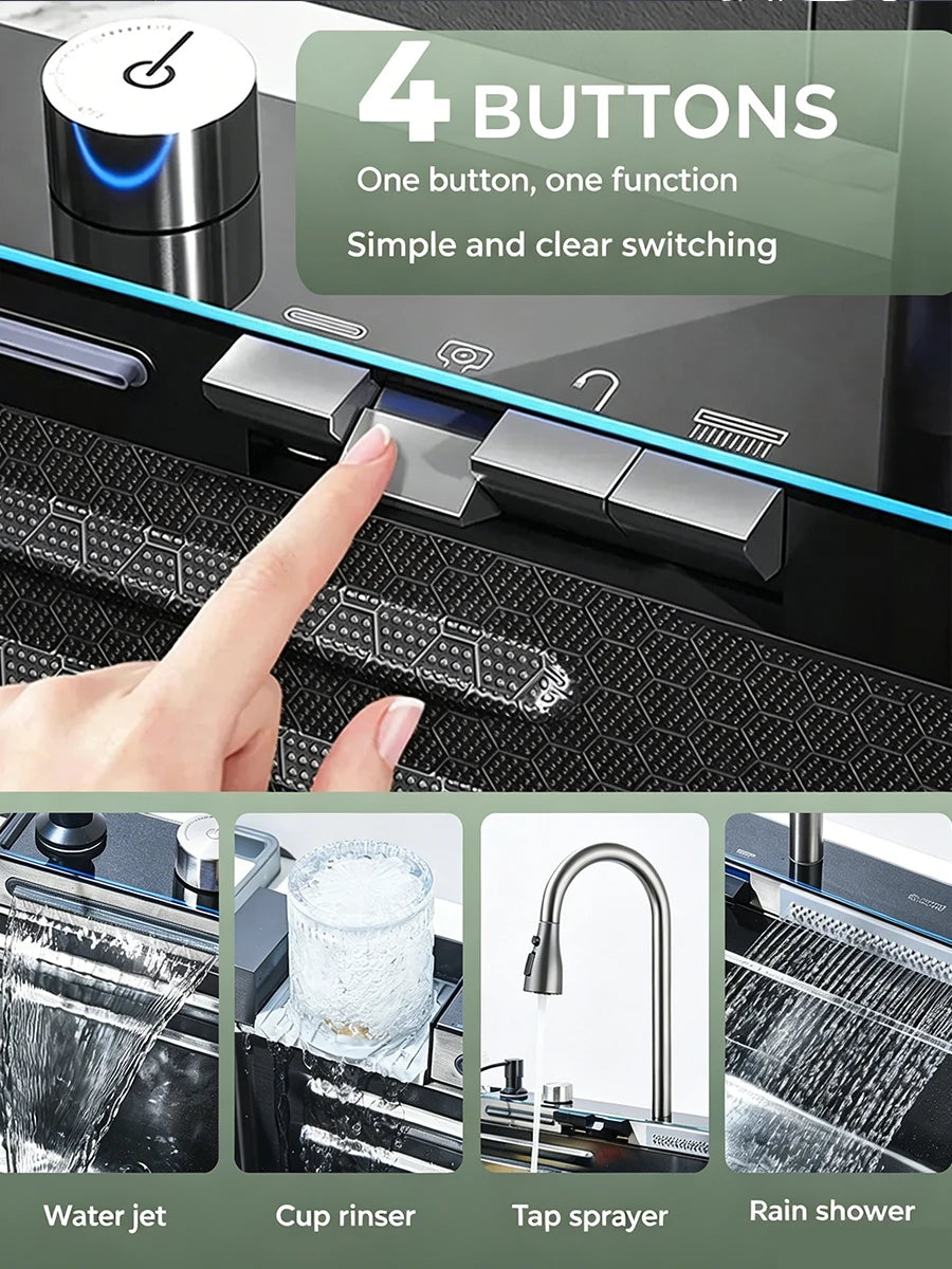 Quyanre Stainless Steel Kitchen Sink With Faucet Waterfall Digital Display