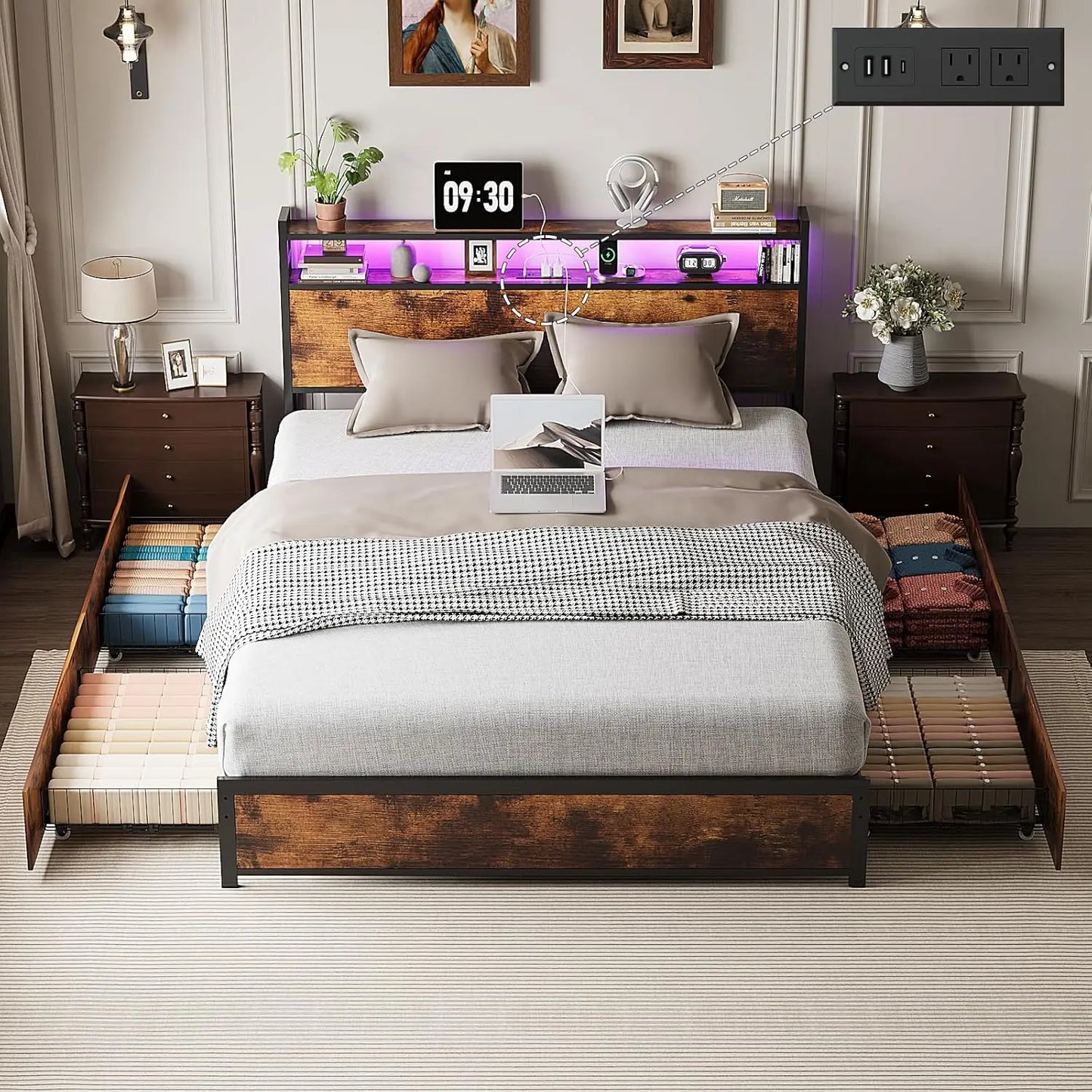 Full Metal Bed Frame With 4 Storage Drawers And Adjustable Headboard Shelf