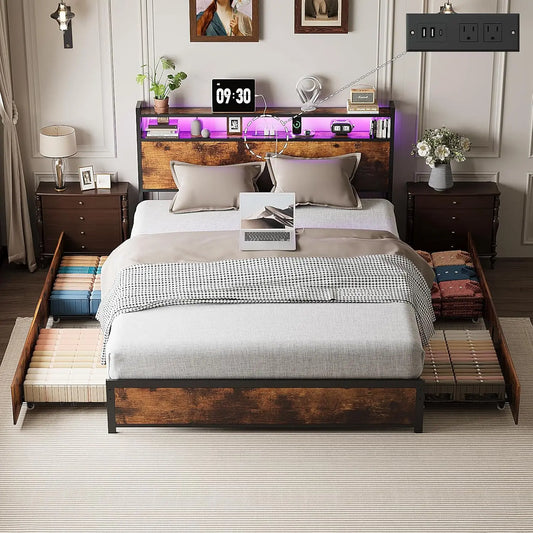 Full Metal Bed Frame With 4 Storage Drawers And Adjustable Headboard Shelf