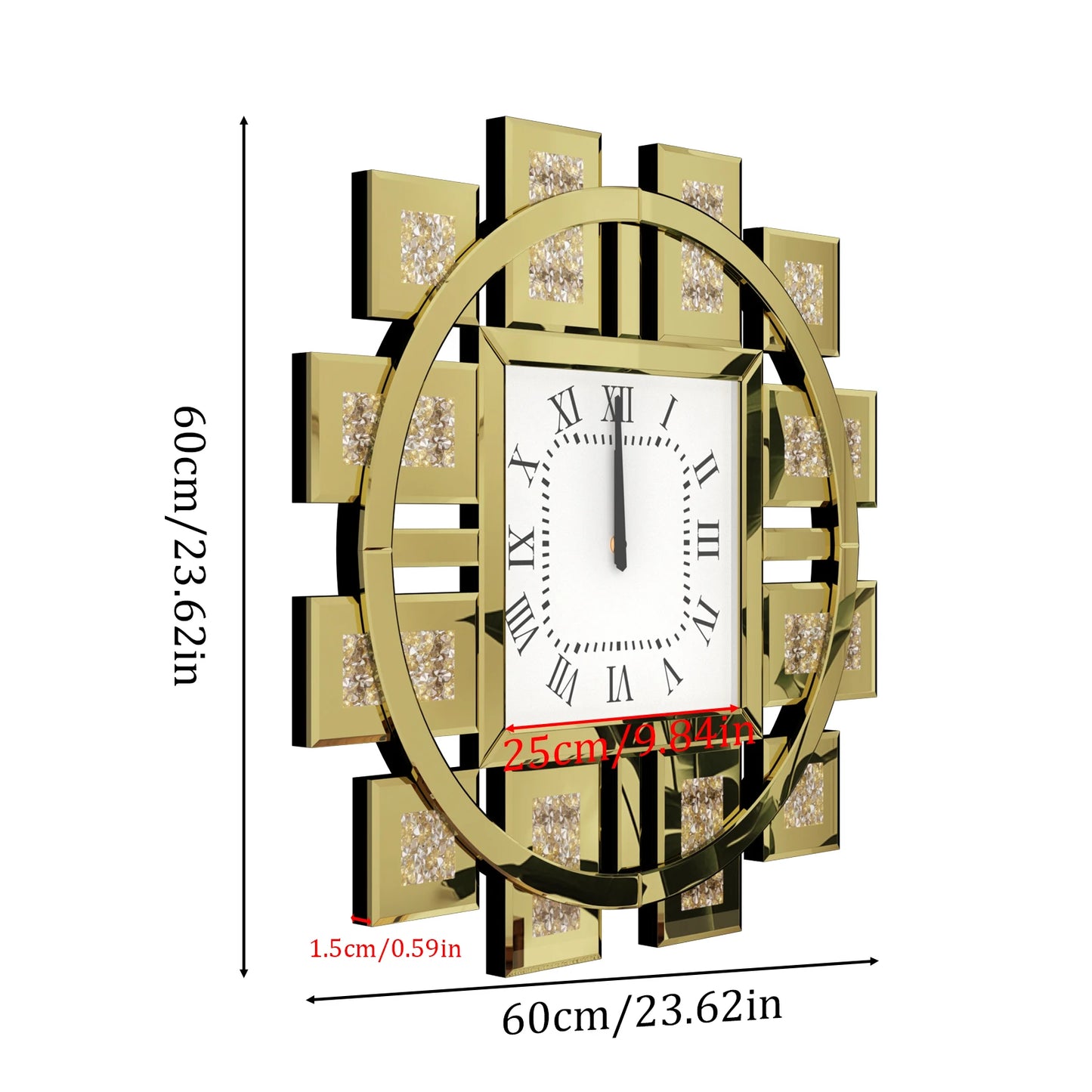 Irregular Diamond Mirrored Wall Clock Quartz With Roman Numerals