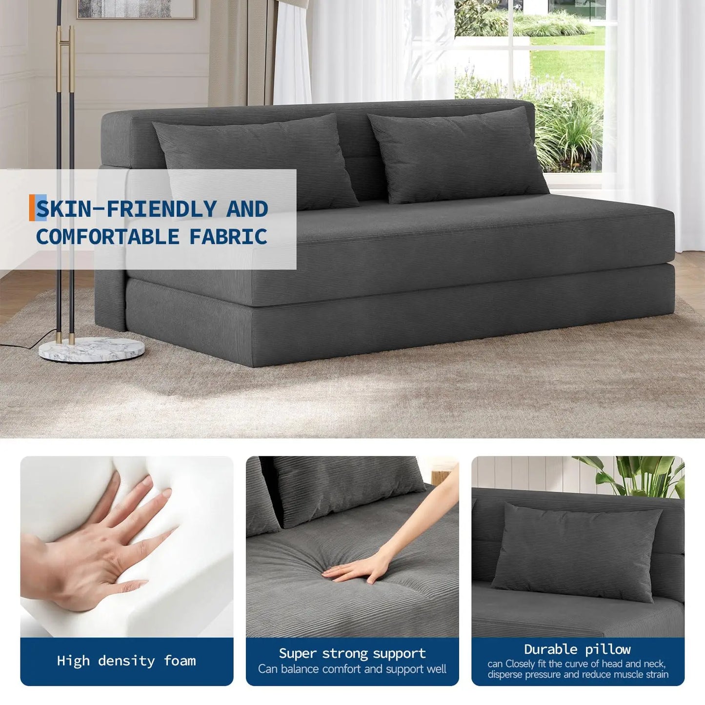 HobbyLane 4-in-1 Folding Sofa Bed Corduroy Couch With Pillow