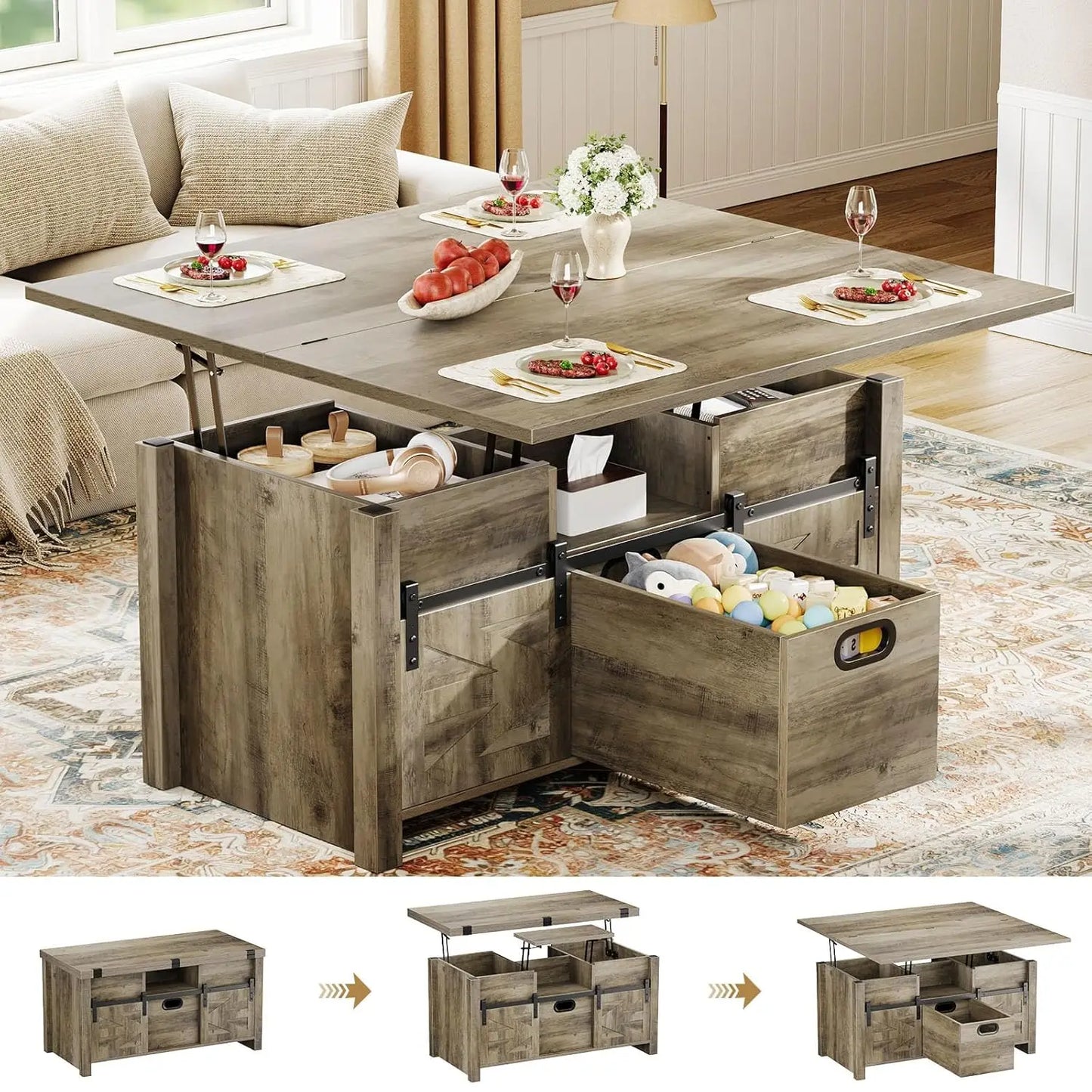 Farmhouse Lift Top Coffee Table With Sliding Barn Door