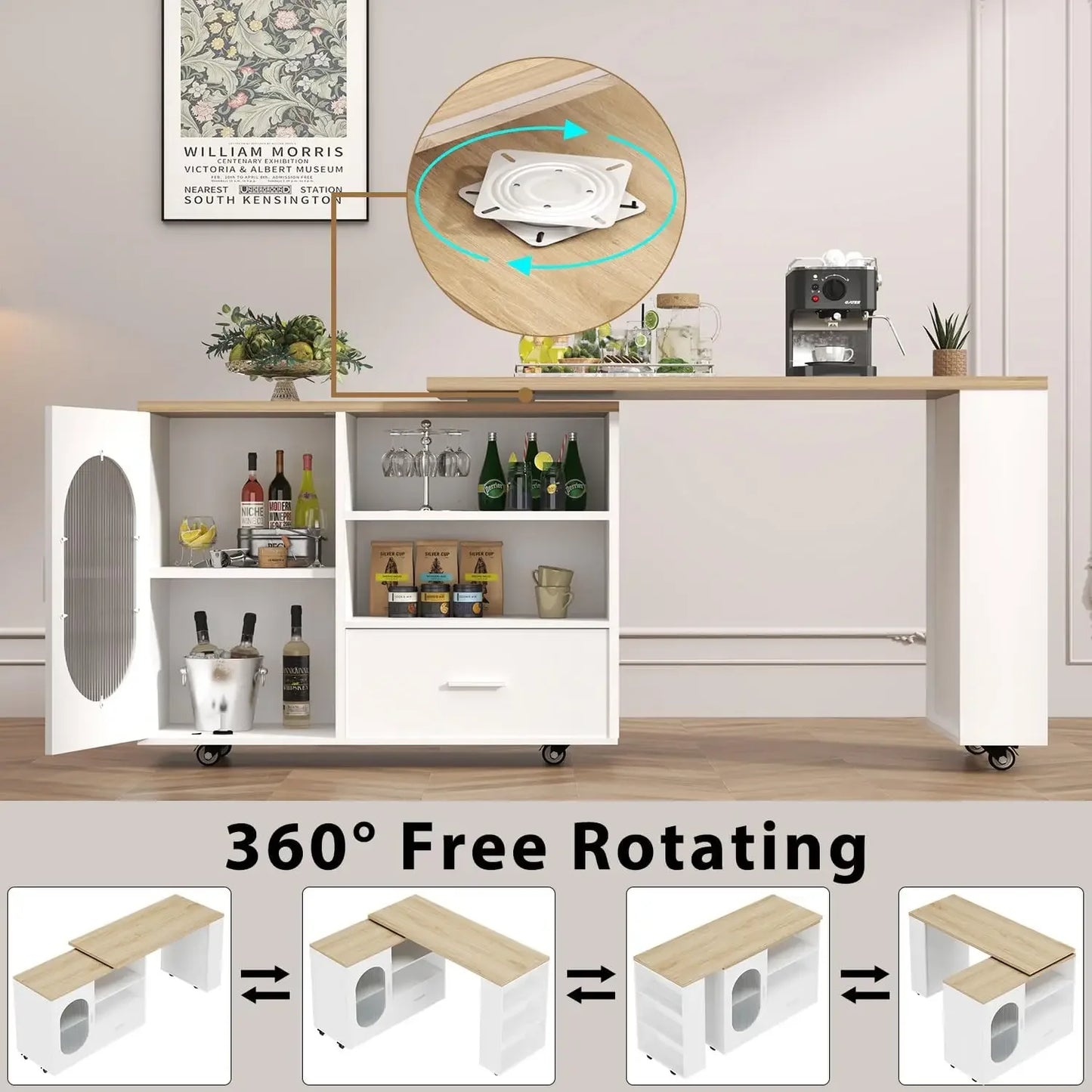 Rolling Kitchen Island With Swivel Table Drawers And Storage