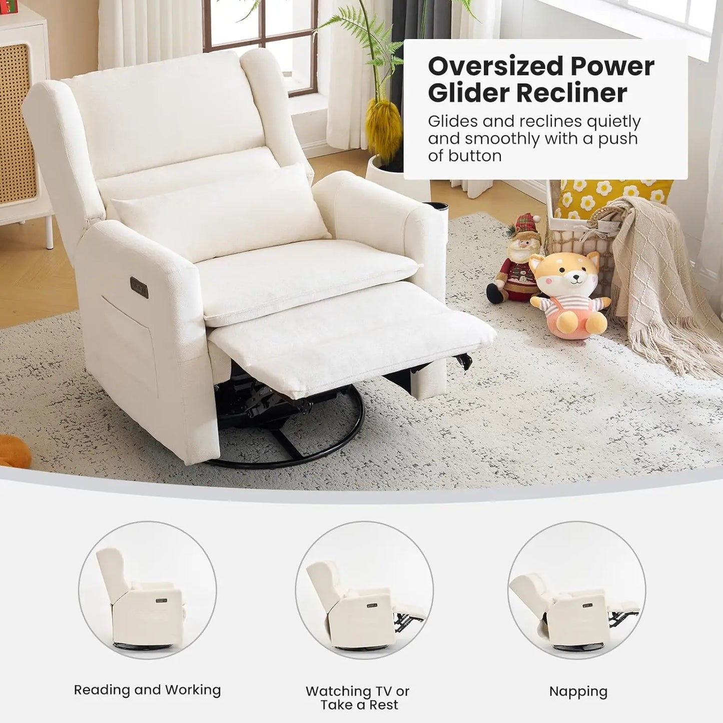Power Swivel Glider Recliner Chair With Headrest And Lumbar