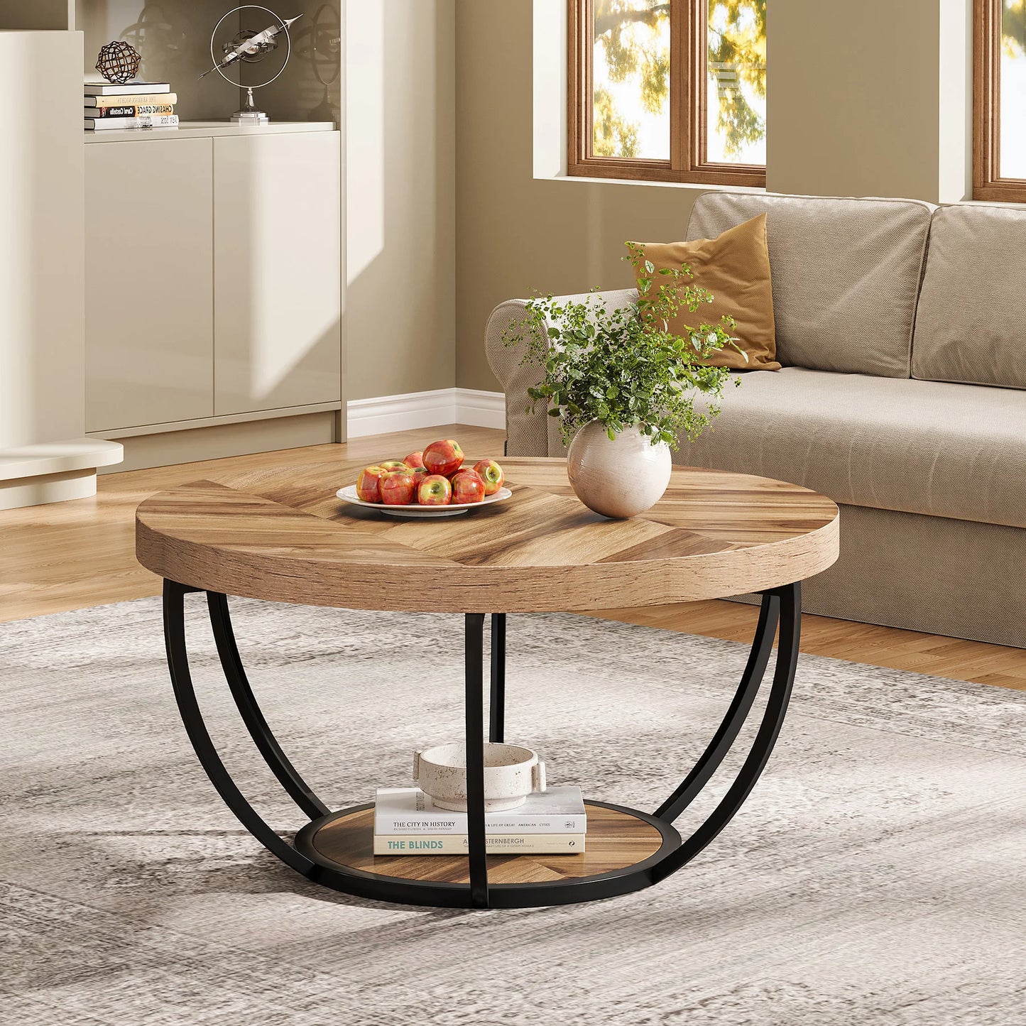 Tribesigns Round Coffee Table Industrial 2 Tier With Storage Shelves