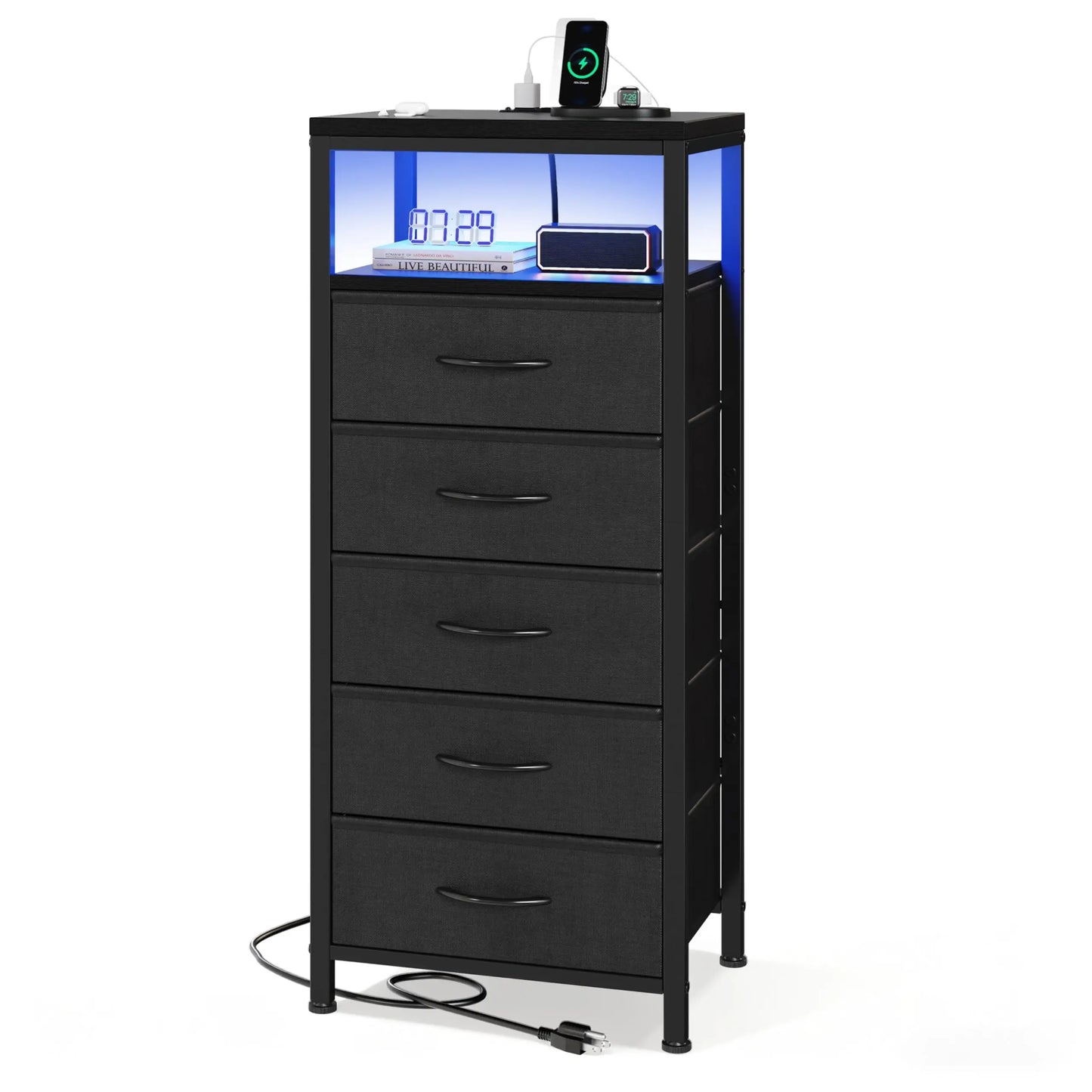 JHK Five Drawer Fabric Dresser Nightstand With Charging Station