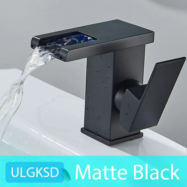 ULGKSD Bathroom Sink Faucets Cold&Hot Hydroelectric LED Basin Faucet Deck Mounted Waterfall Mixer Tap Kitchen Dual-use Tap Crane